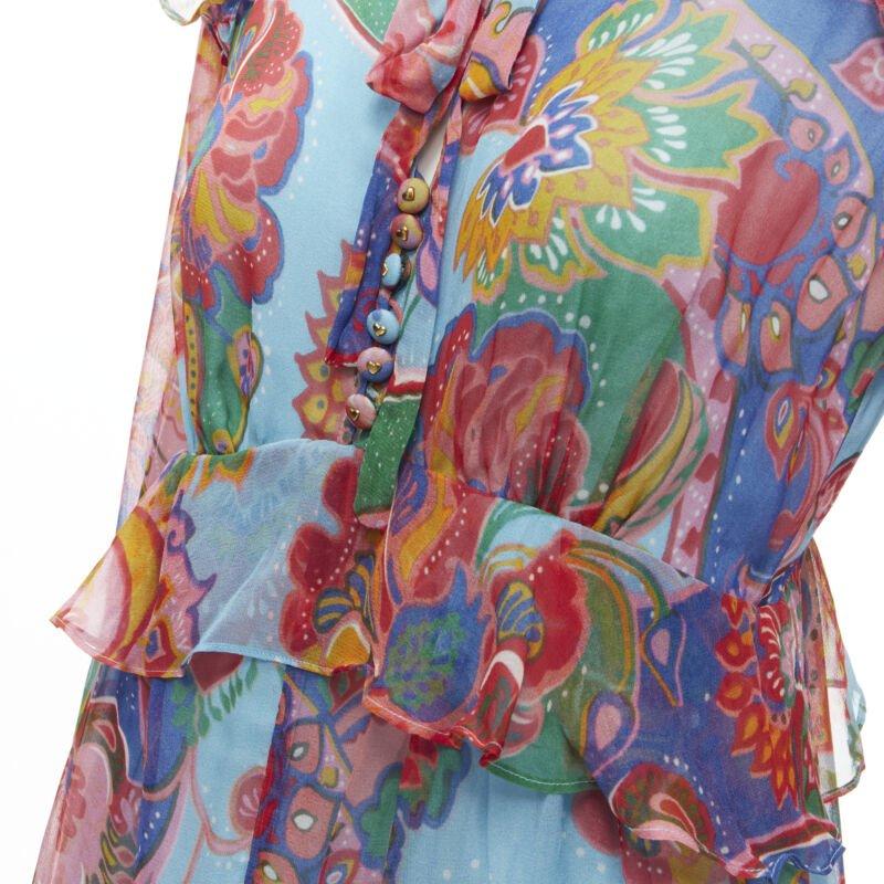 ZIMMERMANN 100% seda azul rojo estampado floral ribeteado vestido corto Sz 1 S 3