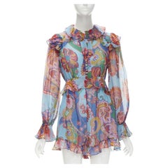 ZIMMERMANN 100% seda azul rojo estampado floral ribeteado vestido corto Sz 1 S