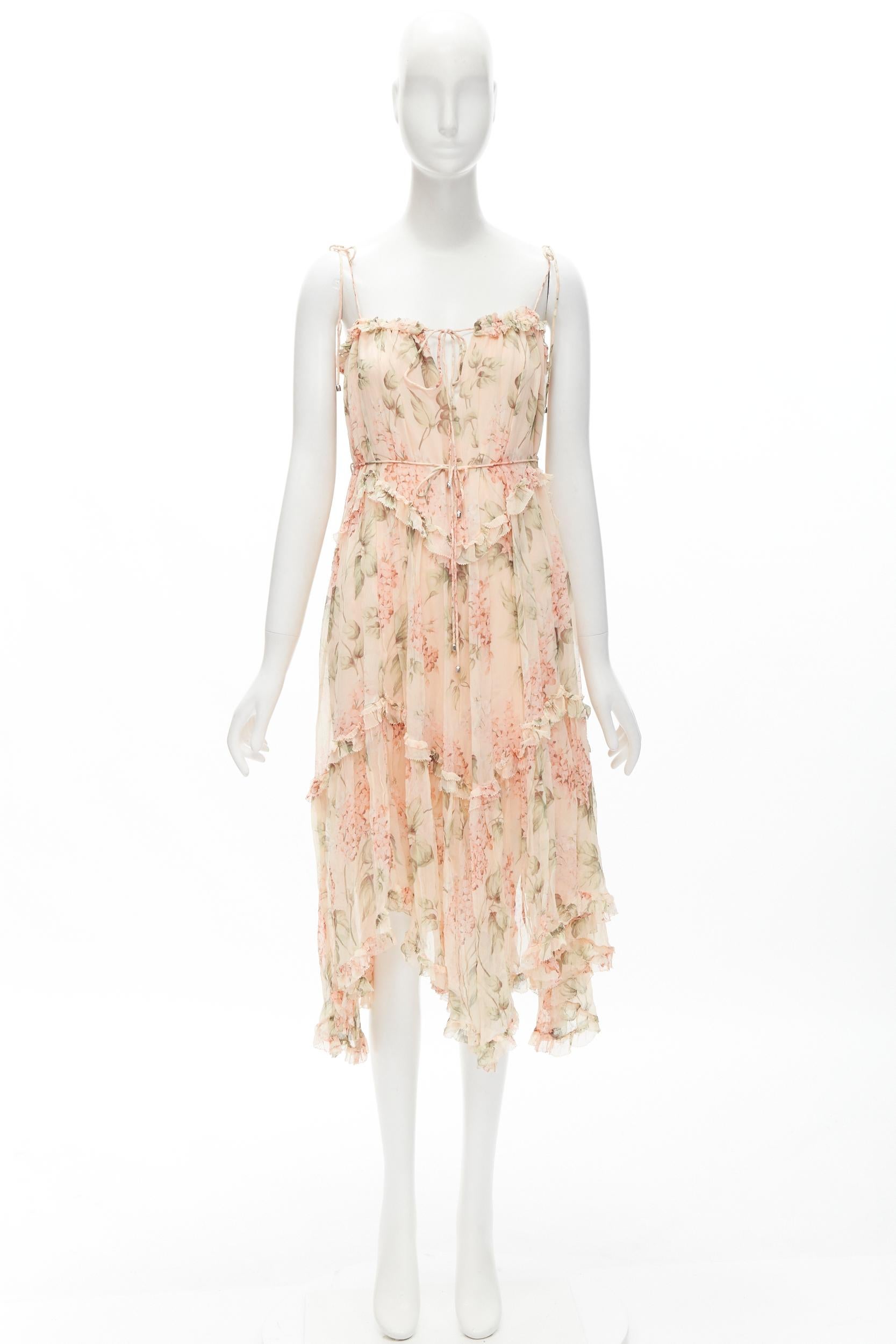 ZIMMERMANN 100% silk blush pink floral print ruffle trim summer dress Sz.1 S For Sale 3