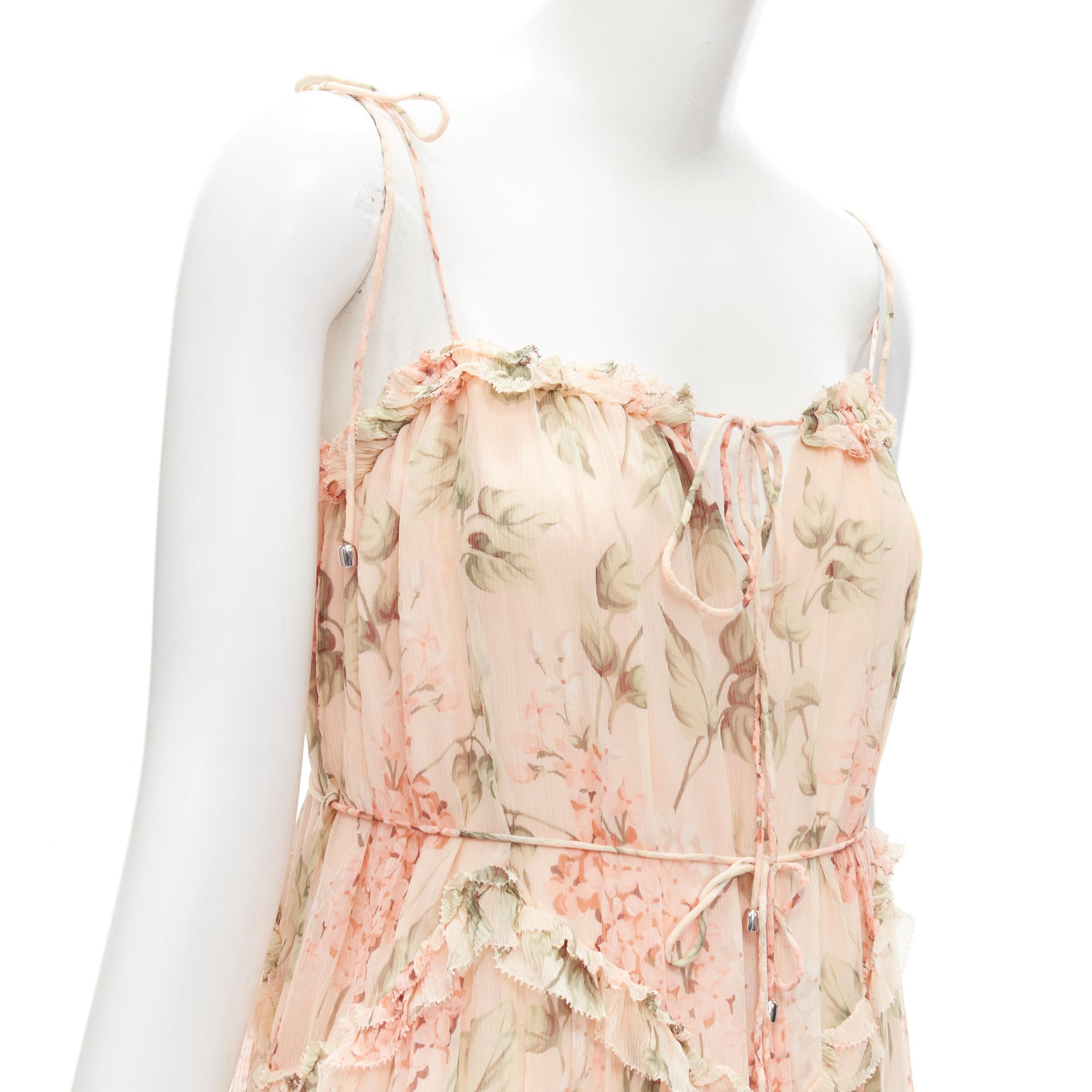 ZIMMERMANN 100% silk blush pink floral print ruffle trim summer dress Sz.1 S
Brand: Zimmermann
Extra Detail: Tie spaghetti straps. Ruffle tiered trim. Tie keyhole neckline. Tie string-belt.

CONDITION:
Condition: Excellent, this item was pre-owned