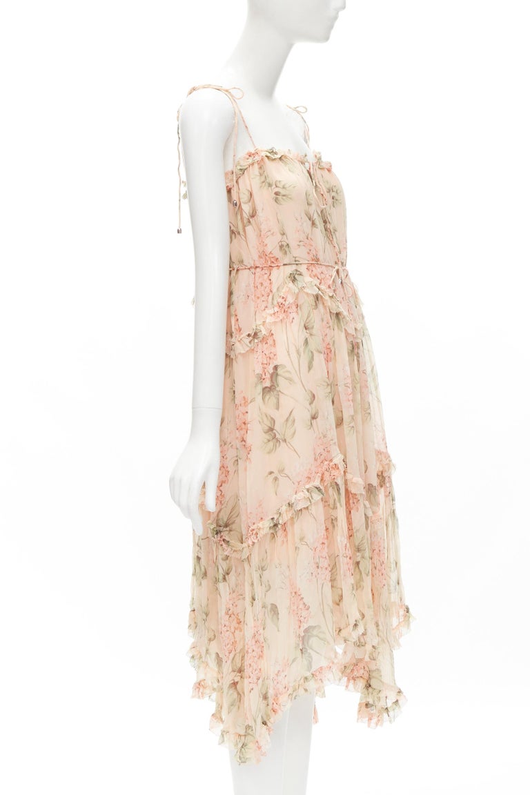 ZIMMERMANN 100 silk blush pink floral print ruffle trim summer dress