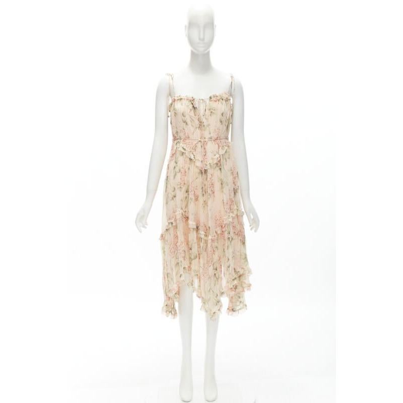 ZIMMERMANN 100% seda rosa rubor estampado floral ribete de volantes vestido de verano Sz.1 S en venta 4