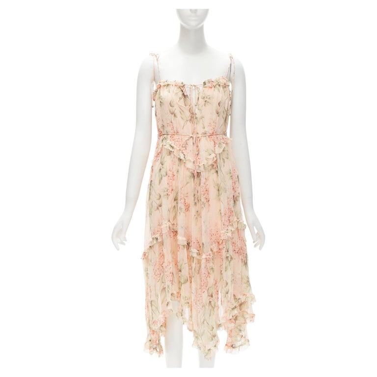 ZIMMERMANN 100 silk blush pink floral print ruffle trim summer dress