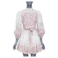 ZIMMERMANN 2020 Miniabito in lino bianco e rosa con micro stampa floreale Carnaby, taglia S