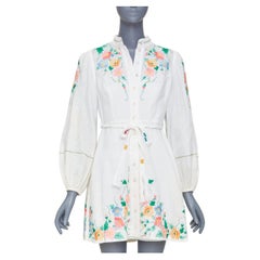ZIMMERMANN 2021 Fiesta Applique multicolour floral white linen mini dress Sz1 S