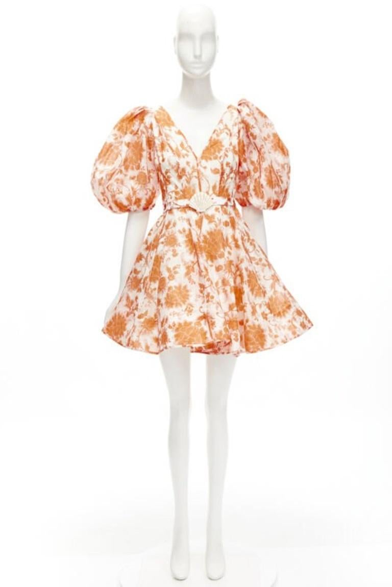 ZIMMERMANN 2022 Pasarela Postal naranja floral lino concha marina cinturón vestido AUS0 XS en venta 6