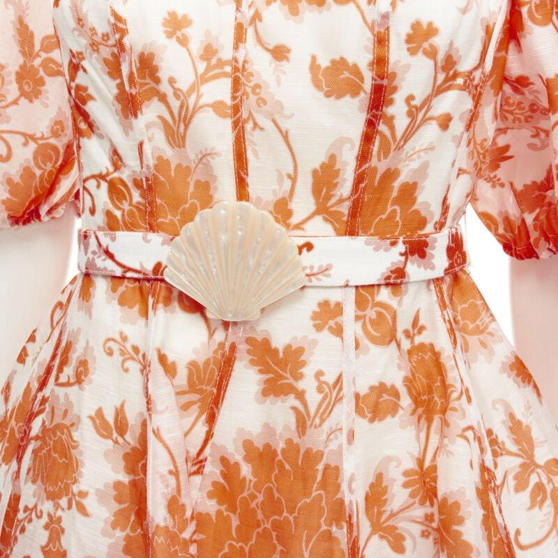 ZIMMERMANN 2022 Pasarela Postal naranja floral lino concha marina cinturón vestido AUS0 XS Beige en venta