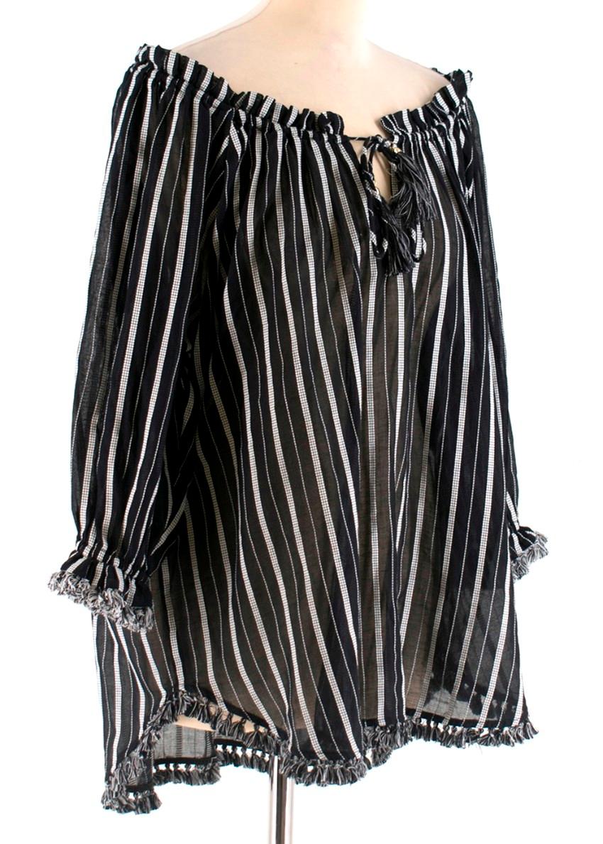 Zimmermann bohemian striped blouse. Featuring a  scoop drawstring neckline complete with frill detailing on the hem and sleeves and tassel cords. The lightweight loose top has been crafted from pure cotton. Washing instructions: hand wash. Designed