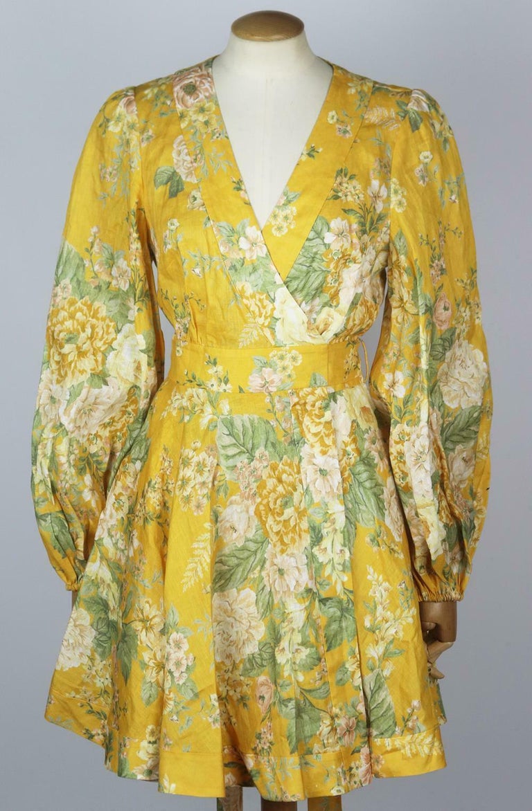 Zimmermann Amelie Floral Print Linen Wrap Mini Dress at 1stDibs