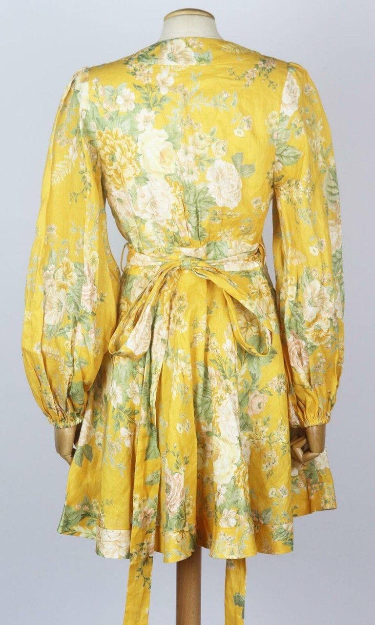 Zimmermann Amelie Floral Print Linen Wrap Mini Dress at 1stDibs