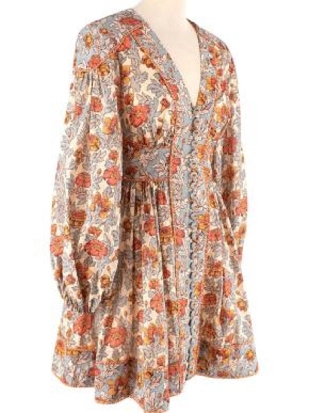 Zimmermann Andie Orange & Blue Floral Print Button Down Mini Dress For Sale 2
