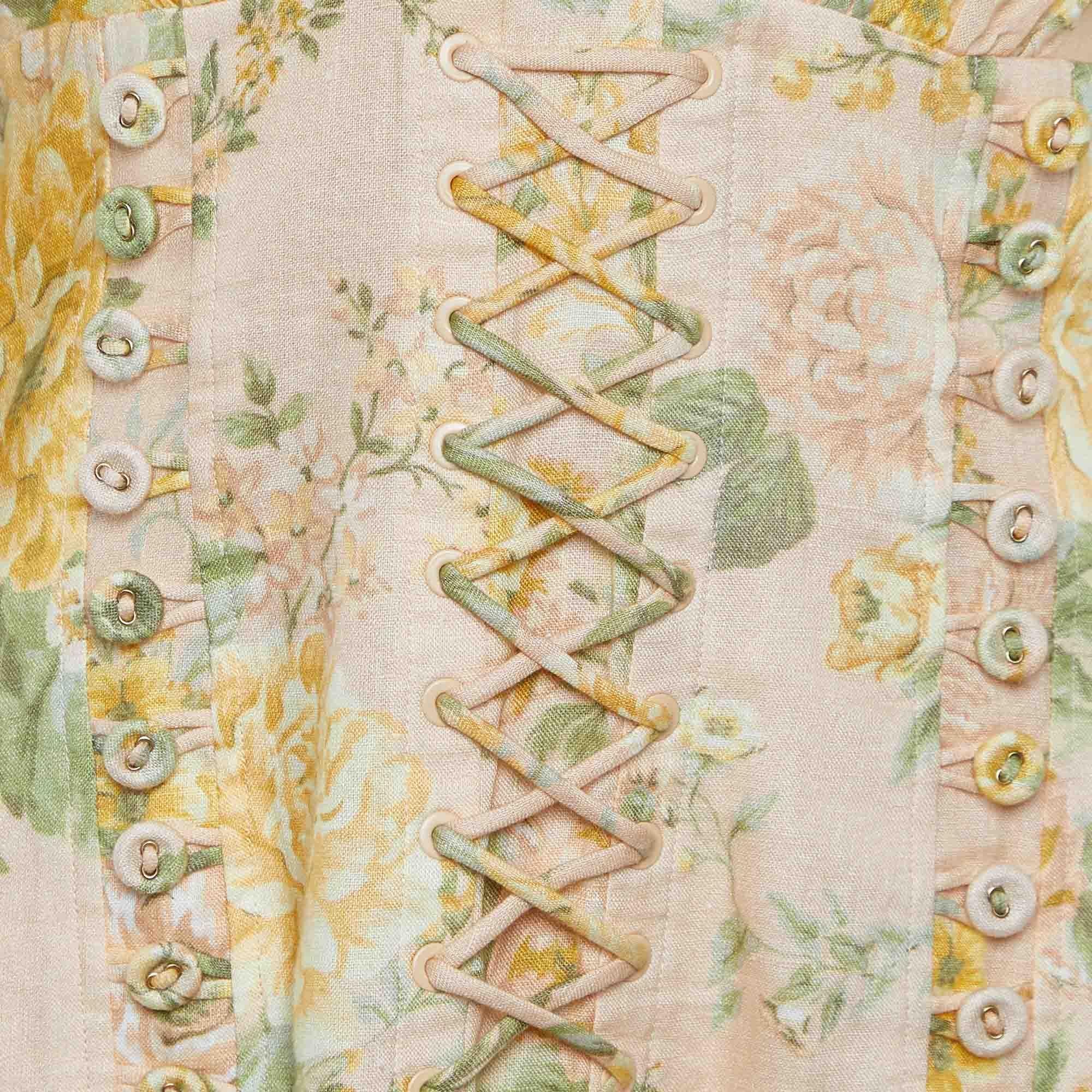 Zimmermann Beige Floral Printed Linen Corset Mini Dress M 1