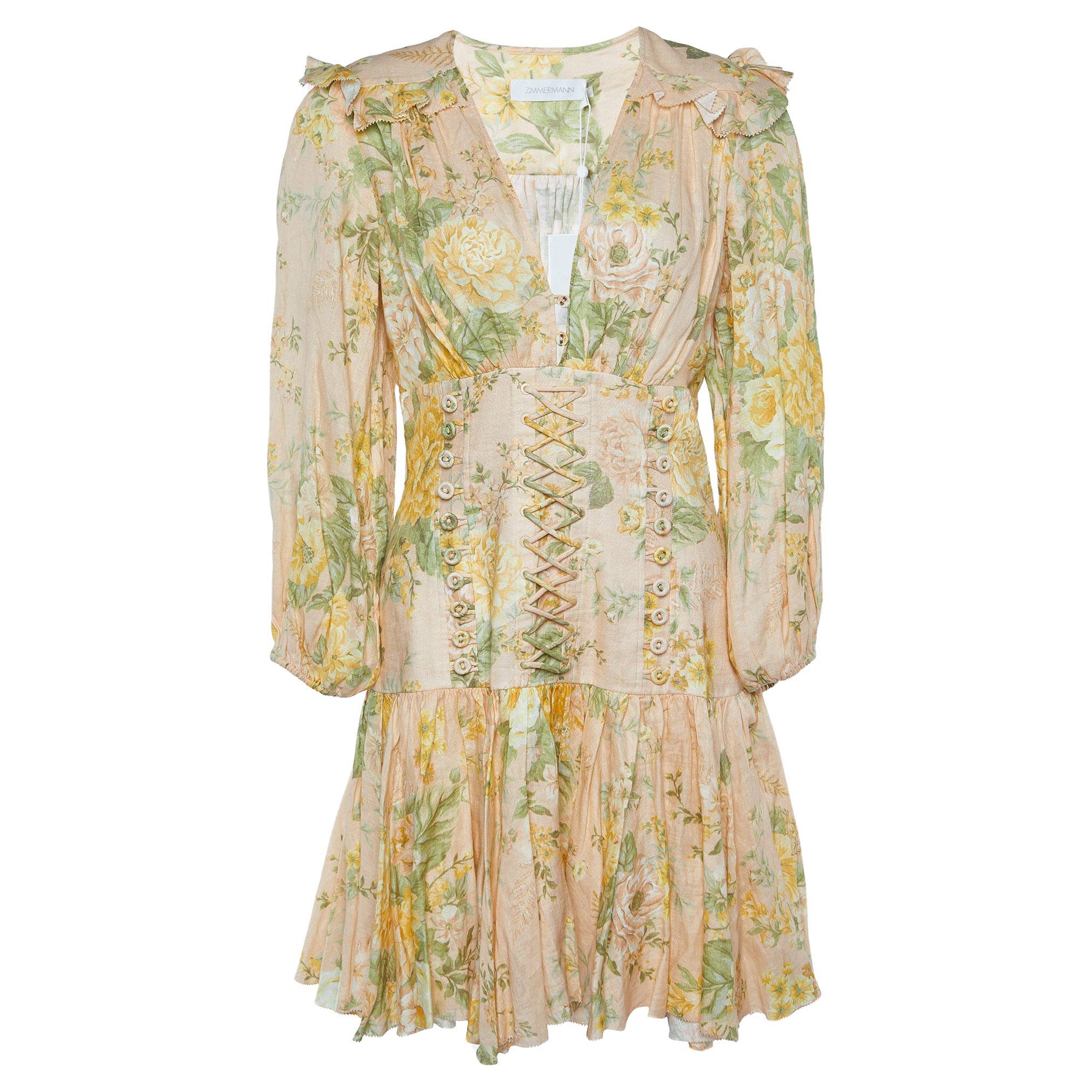 Zimmermann Beige Floral Printed Linen Corset Mini Dress M