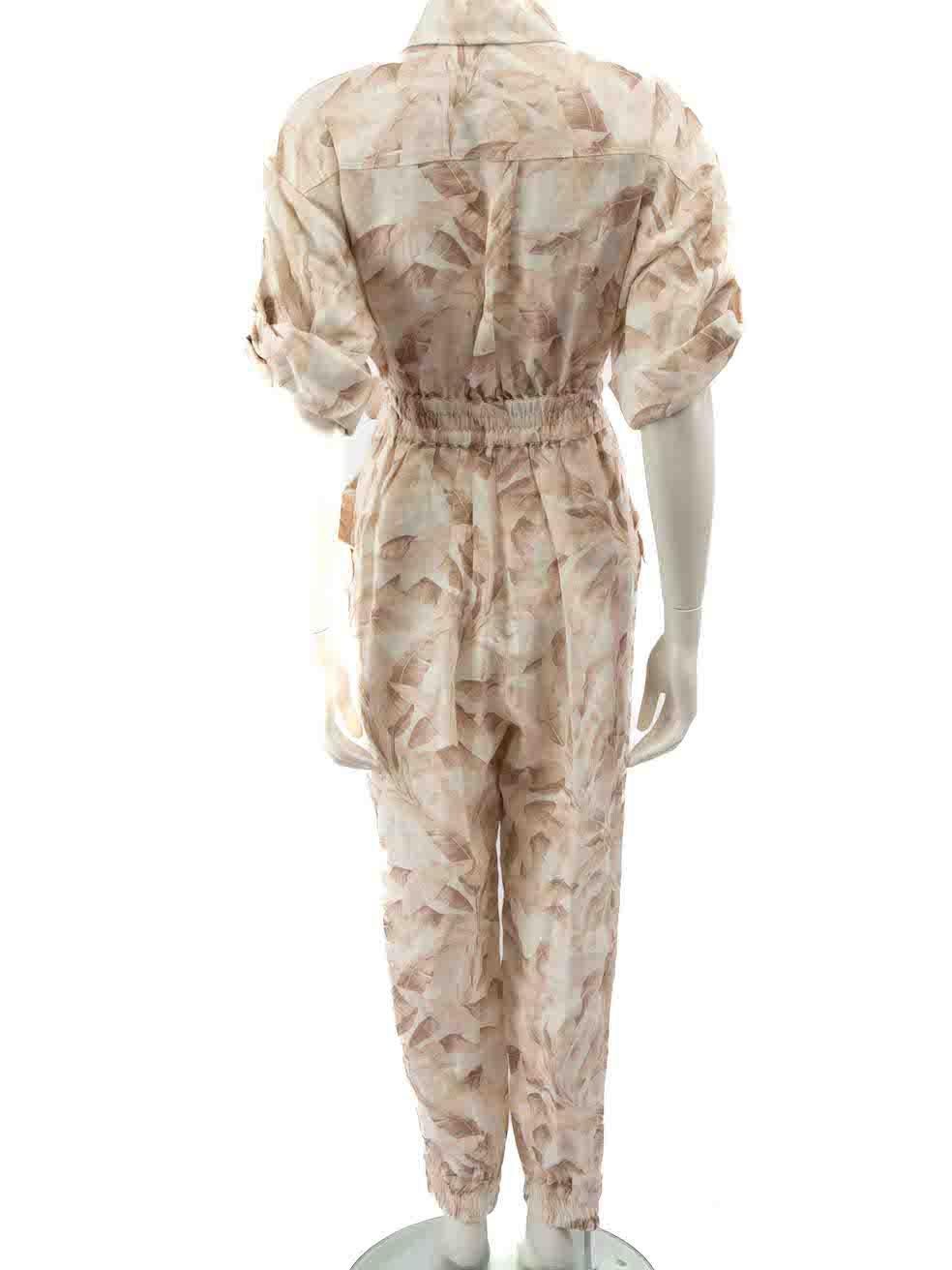 Zimmermann Beige Linen Leaf Short Sleeve Jumpsuit Size M In Excellent Condition For Sale In London, GB