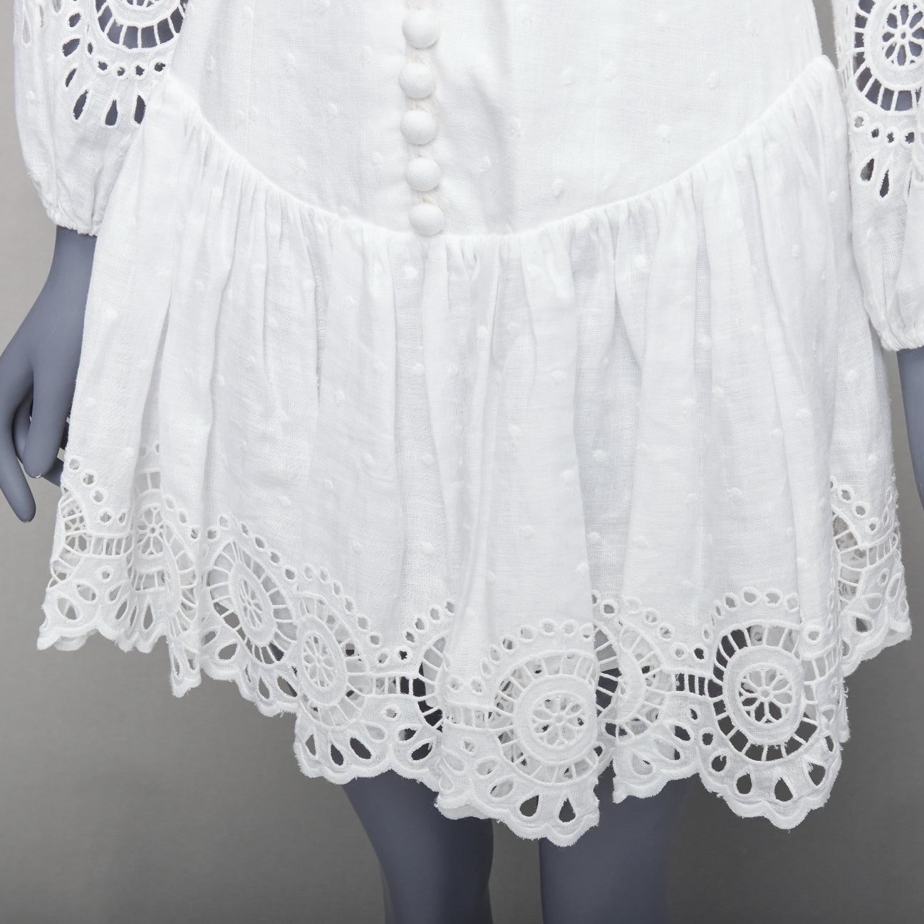 ZIMMERMANN Bellitude white linen lace victorian buttons scalloped dress Sz.1 S
Reference: LACG/A00415
Brand: Zimmermann
Model: Bellitude
Material: Linen
Color: White
Pattern: Lace
Closure: Zip
Lining: White Cotton
Extra Details: White linen mini