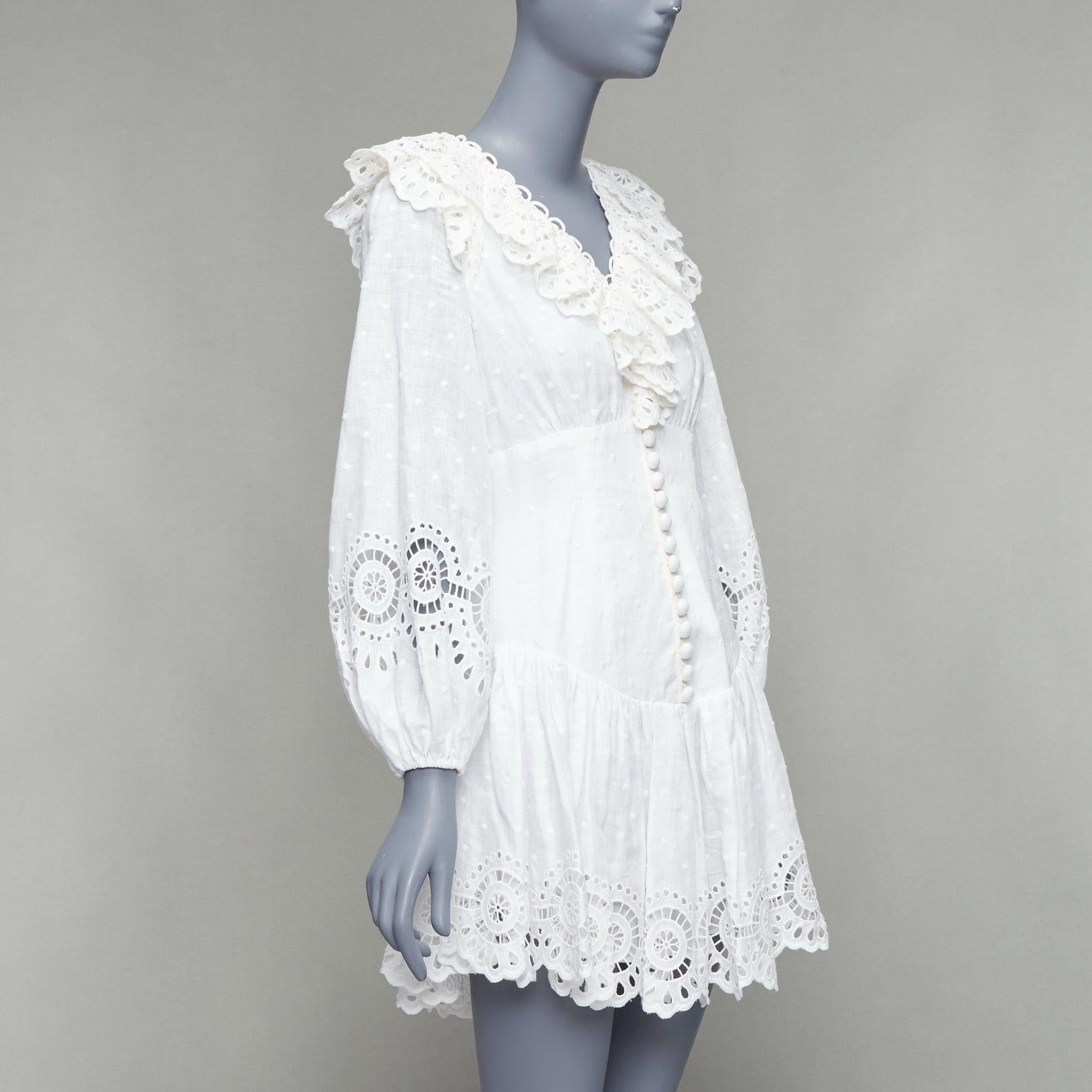 Gray ZIMMERMANN Bellitude white linen lace victorian buttons scalloped dress Sz.1 S