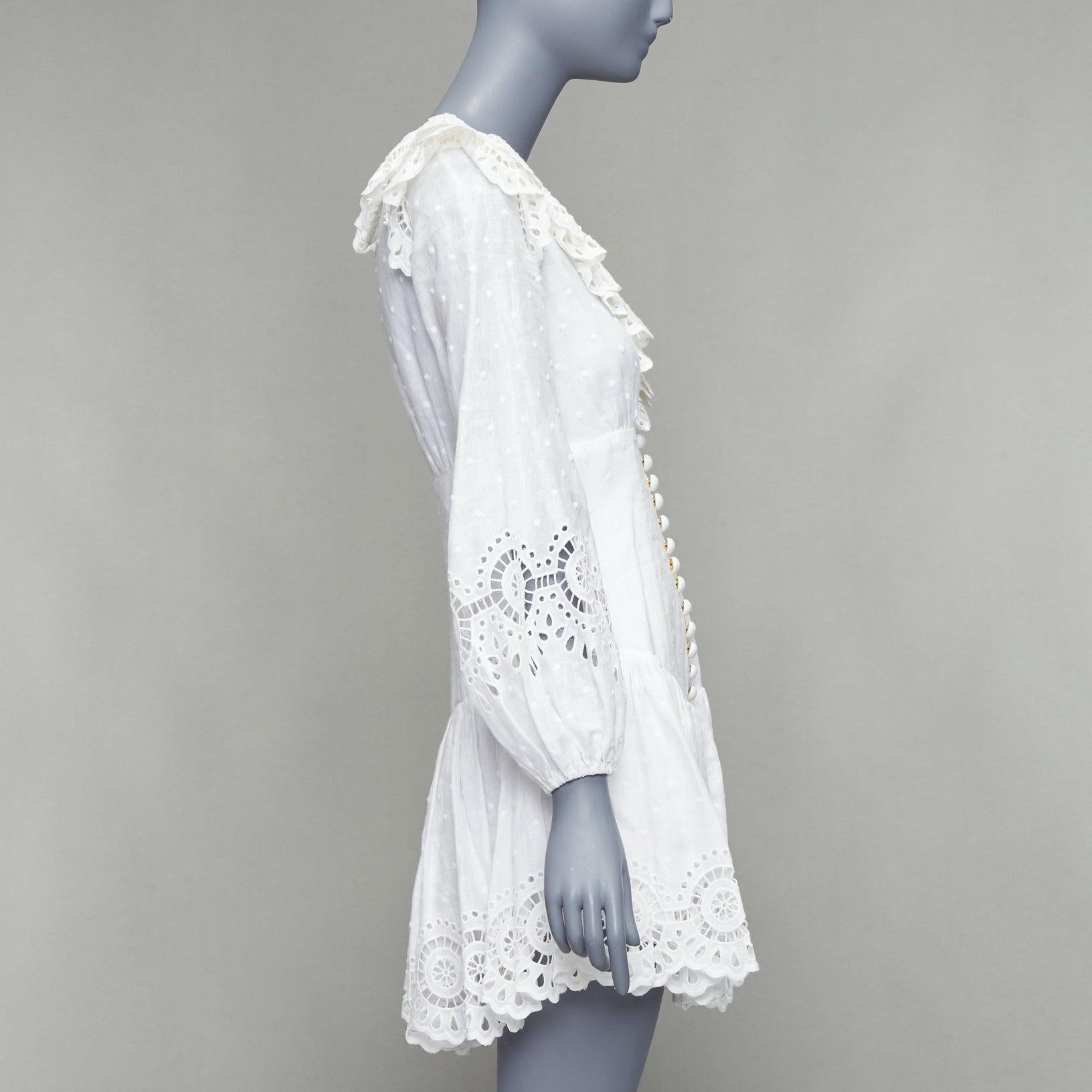 ZIMMERMANN Bellitude white linen lace victorian buttons scalloped dress Sz.1 S In Excellent Condition In Hong Kong, NT