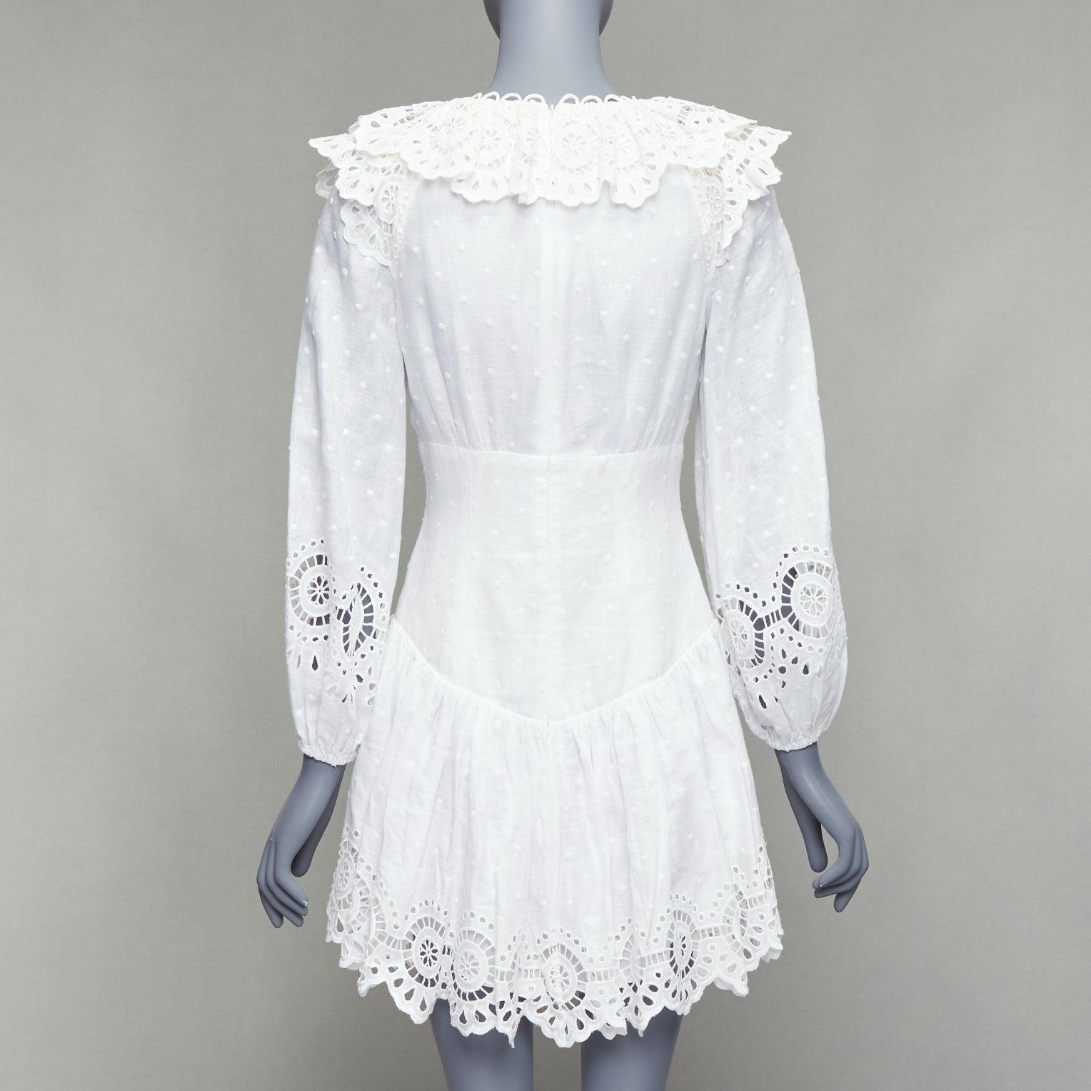 Women's ZIMMERMANN Bellitude white linen lace victorian buttons scalloped dress Sz.1 S