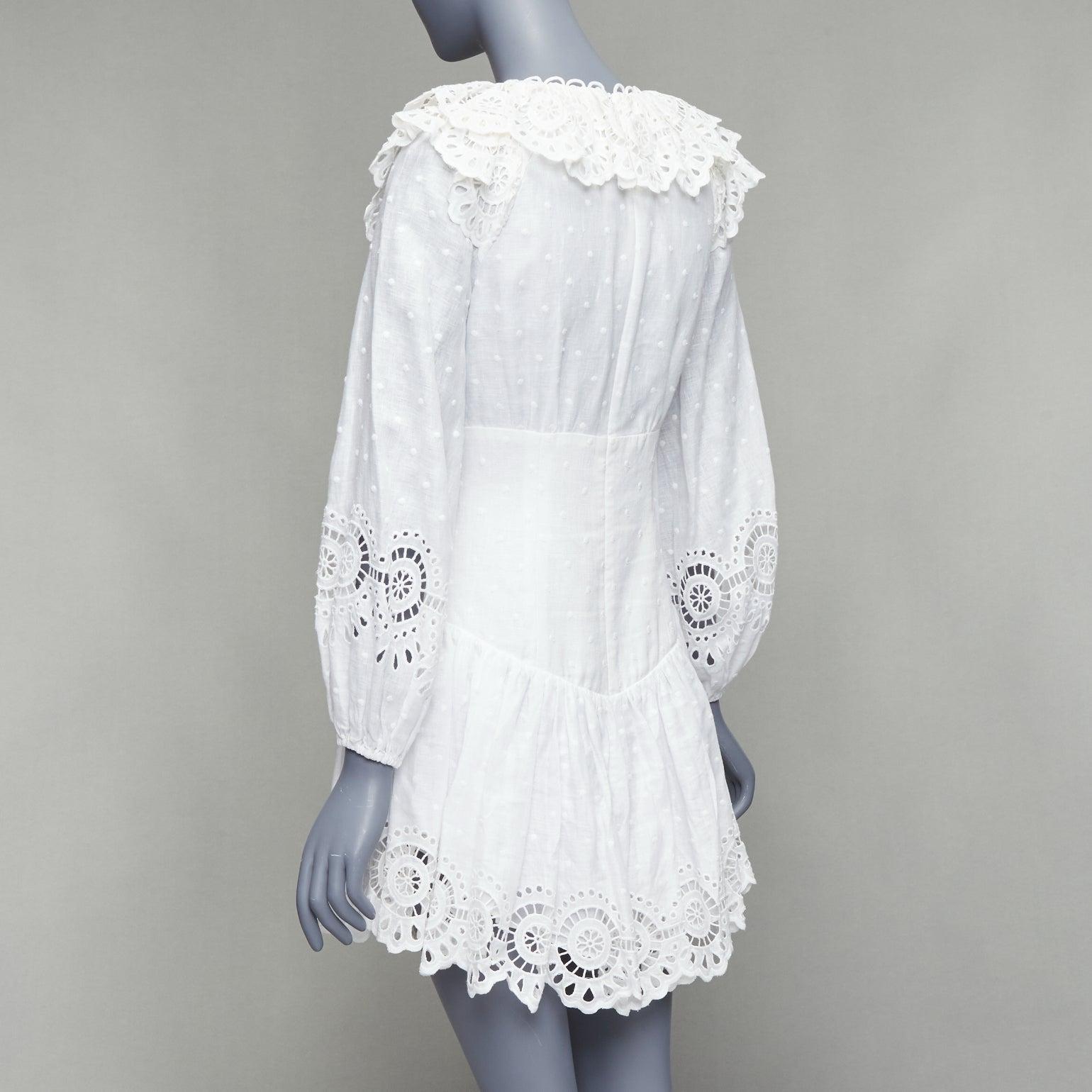 ZIMMERMANN Bellitude white linen lace victorian buttons scalloped dress Sz.1 S 1