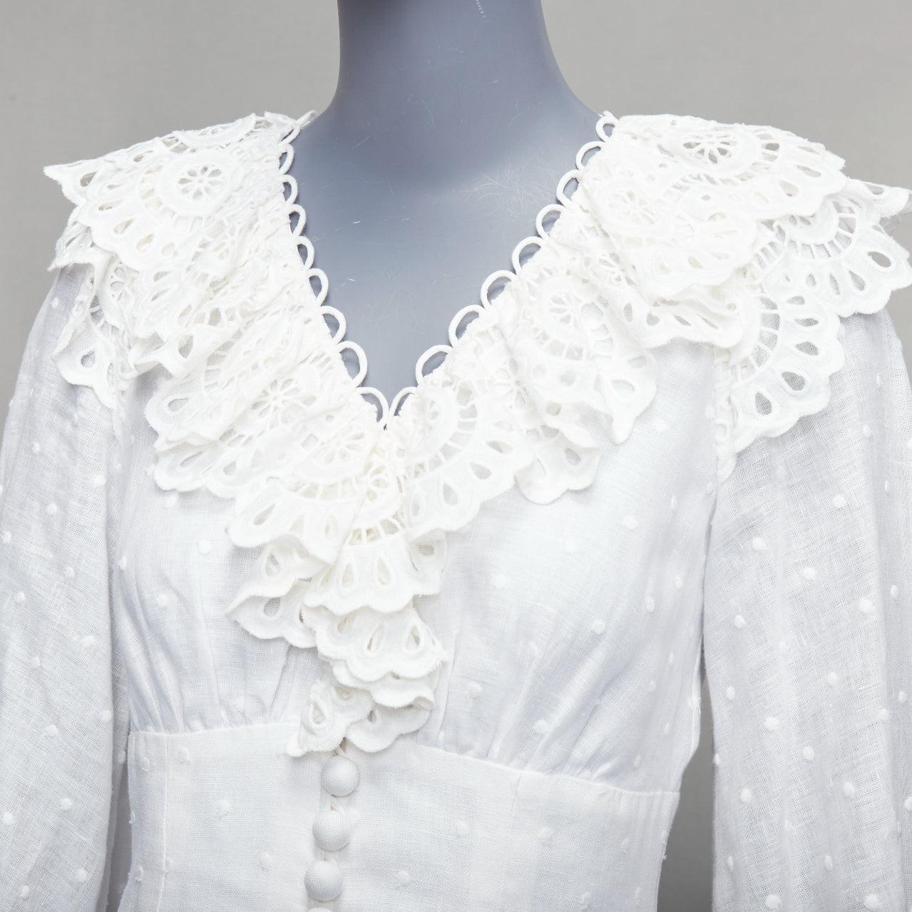 ZIMMERMANN Bellitude white linen lace victorian buttons scalloped dress Sz.1 S 2