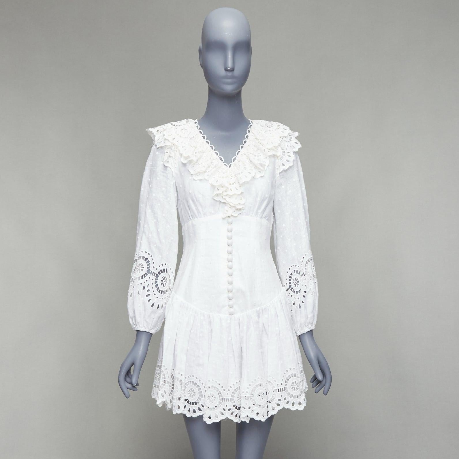 ZIMMERMANN Bellitude white linen lace victorian buttons scalloped dress Sz.1 S 4