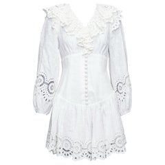 ZIMMERMANN Bellitude white linen lace victorian buttons scalloped dress Sz.1 S