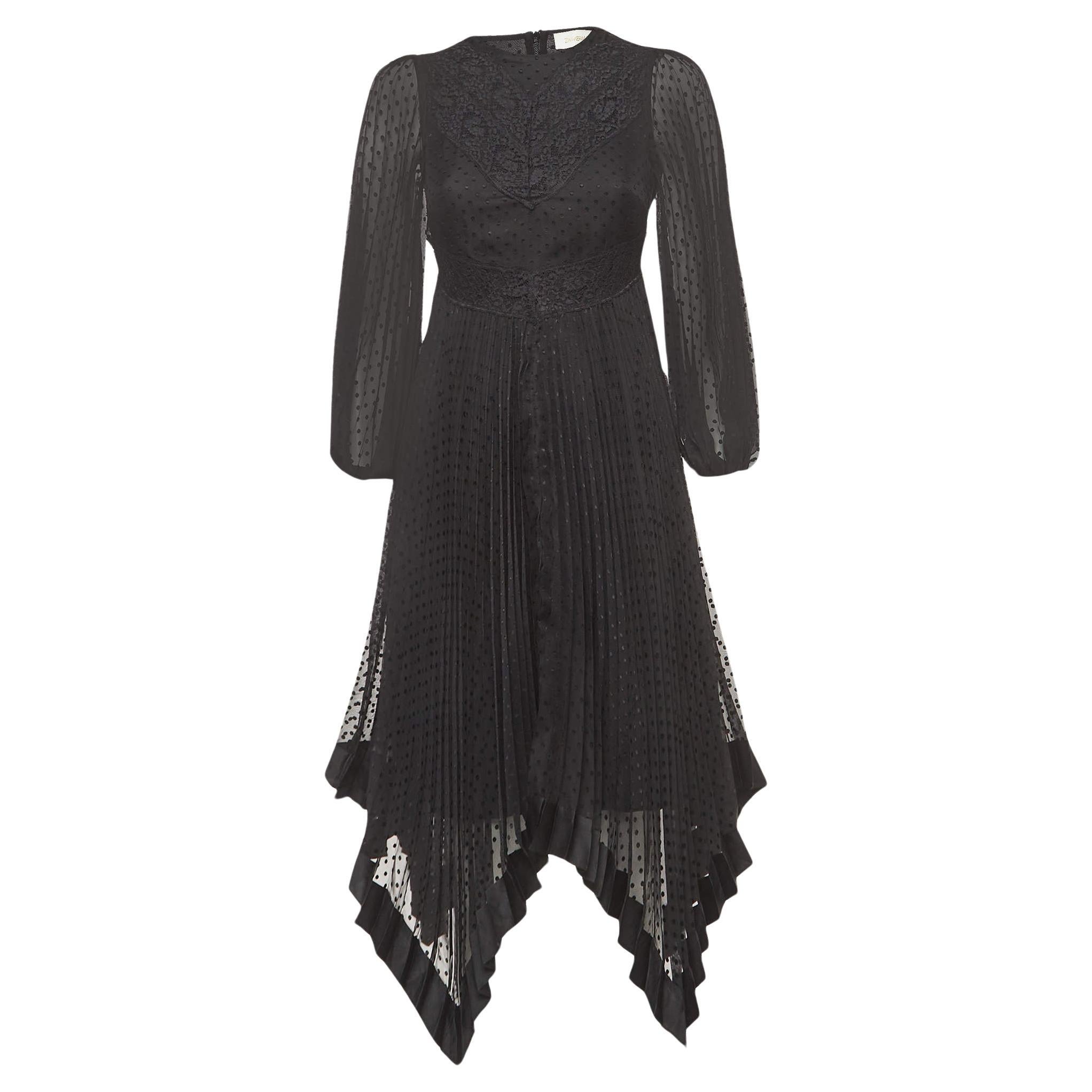 Zimmermann Black Dotted Chiffon Lace Paneled Asymmetrical Dress S
