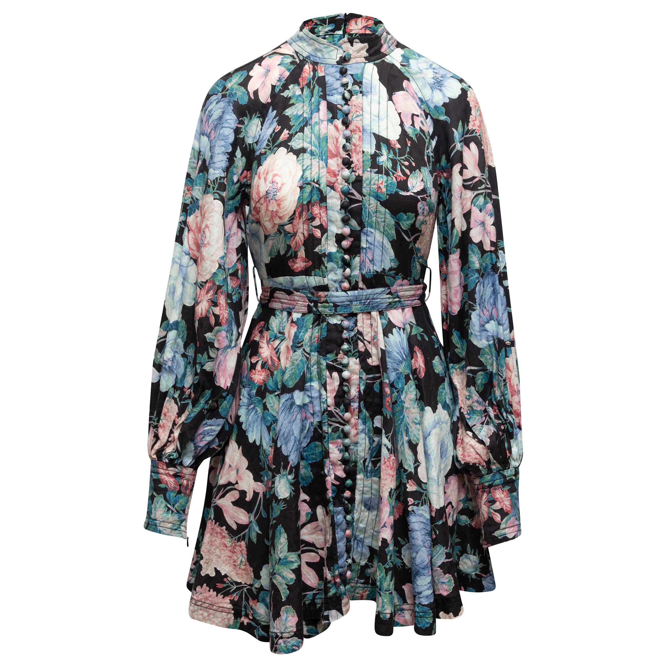  Zimmermann Black & Multicolor Linen Floral Print Dress