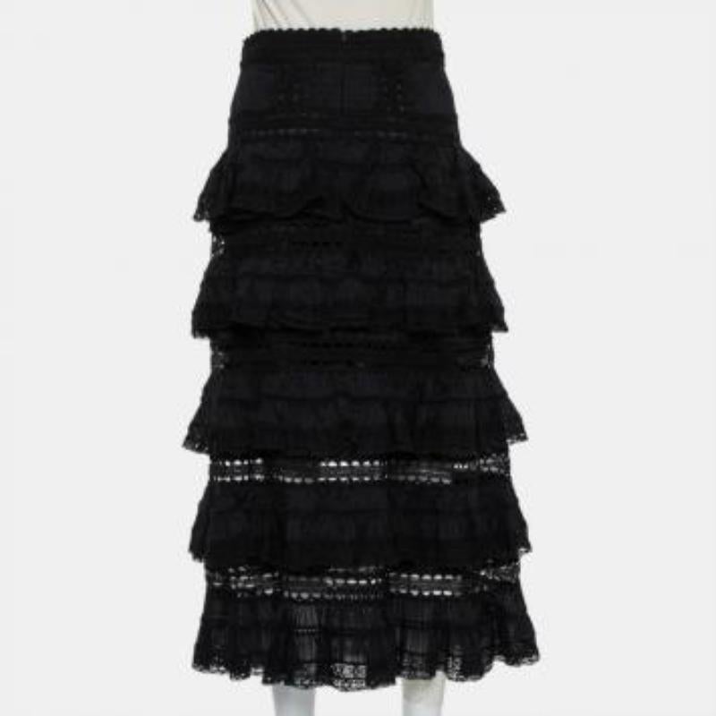 Zimmermann Black Paneled Cotton Lace Trim Ruffled Tiered Midi Skirt S In Excellent Condition For Sale In Dubai, Al Qouz 2