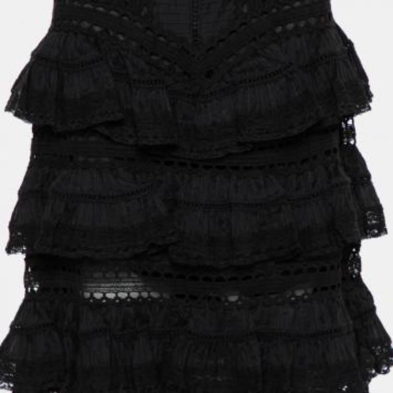 Women's Zimmermann Black Paneled Cotton Lace Trim Ruffled Tiered Midi Skirt S For Sale