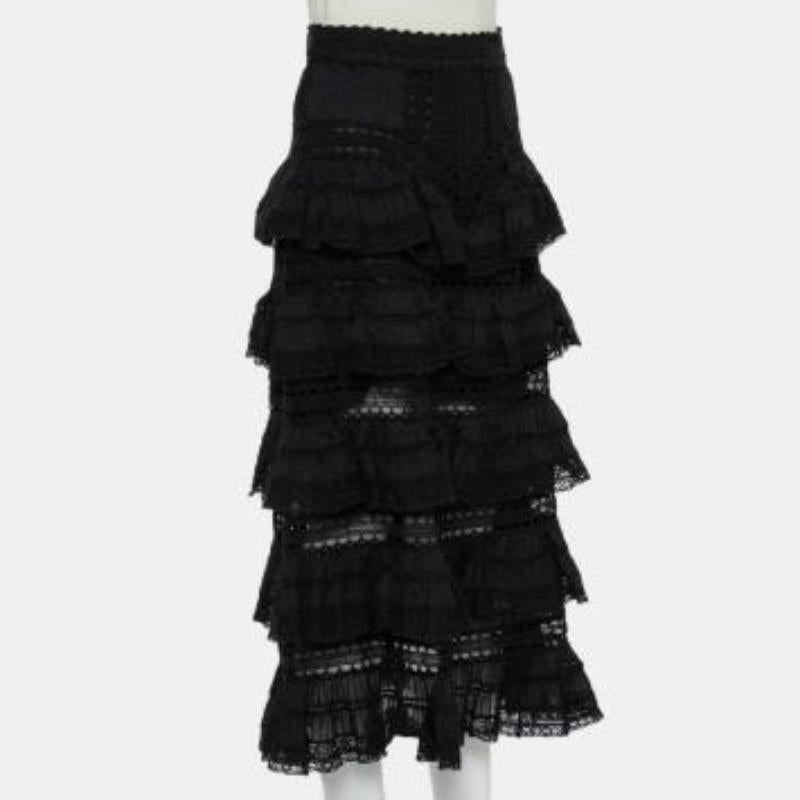 Zimmermann Black Paneled Cotton Lace Trim Ruffled Tiered Midi Skirt S For Sale 1