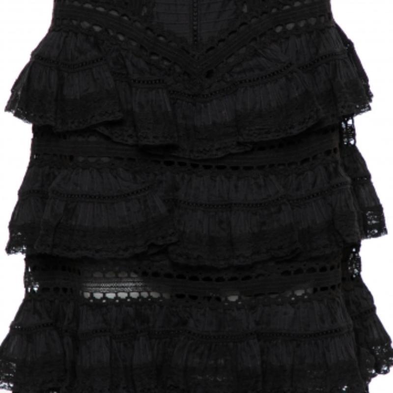 Zimmermann Black Paneled Cotton Lace Trim Ruffled Tiered Midi Skirt S For Sale 2