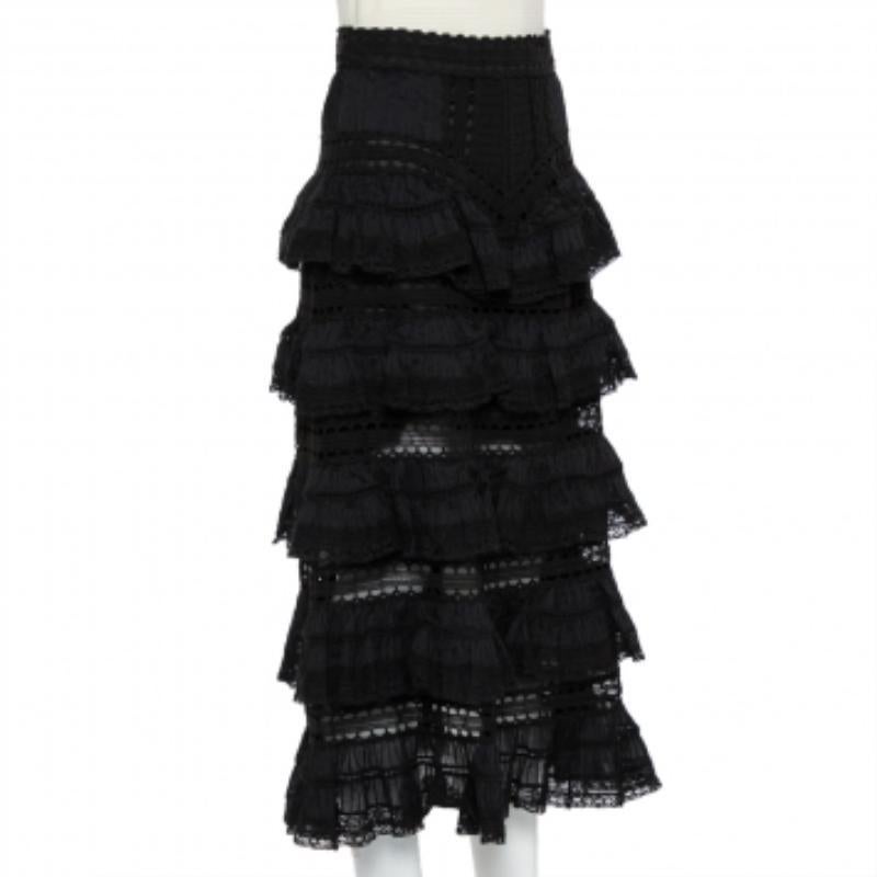 Zimmermann Black Paneled Cotton Lace Trim Ruffled Tiered Midi Skirt S For Sale 3
