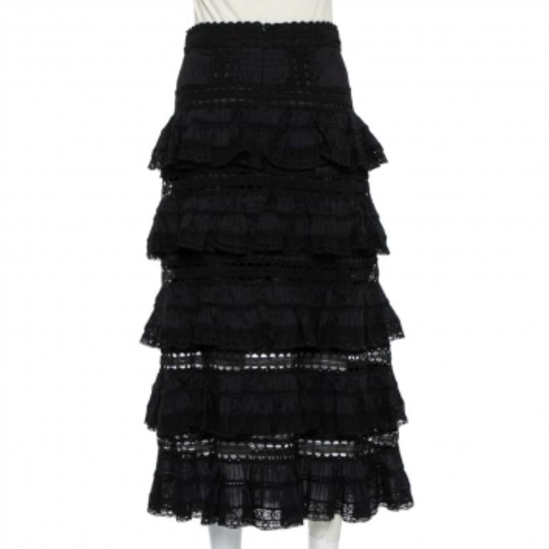 Zimmermann Black Paneled Cotton Lace Trim Ruffled Tiered Midi Skirt S For Sale 4