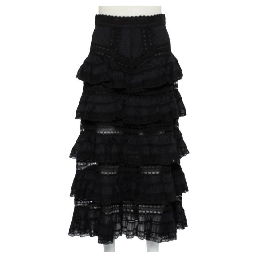 Zimmermann Black Paneled Cotton Lace Trim Ruffled Tiered Midi Skirt S For Sale
