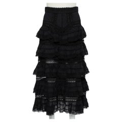 Zimmermann Black Paneled Cotton Lace Trim Ruffled Tiered Midi Skirt S