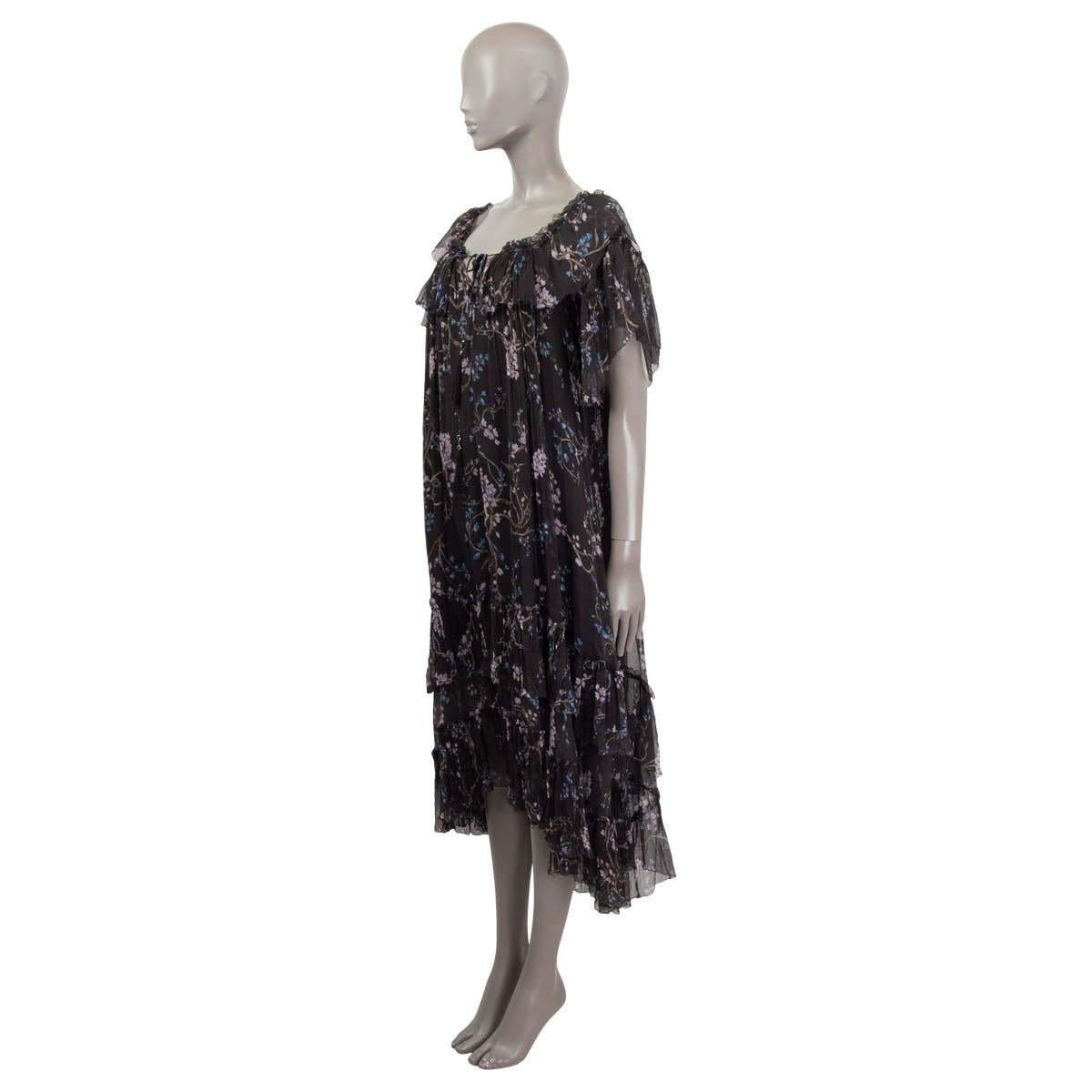 100% authentic Zimmermann Paradiso floating floral-print midi dress in black, lilac, brown and olive green silk (100% please note the content tag is missing). Features sheer ruffled short sleeves and a ruffled drawstring neckline. Lined in black