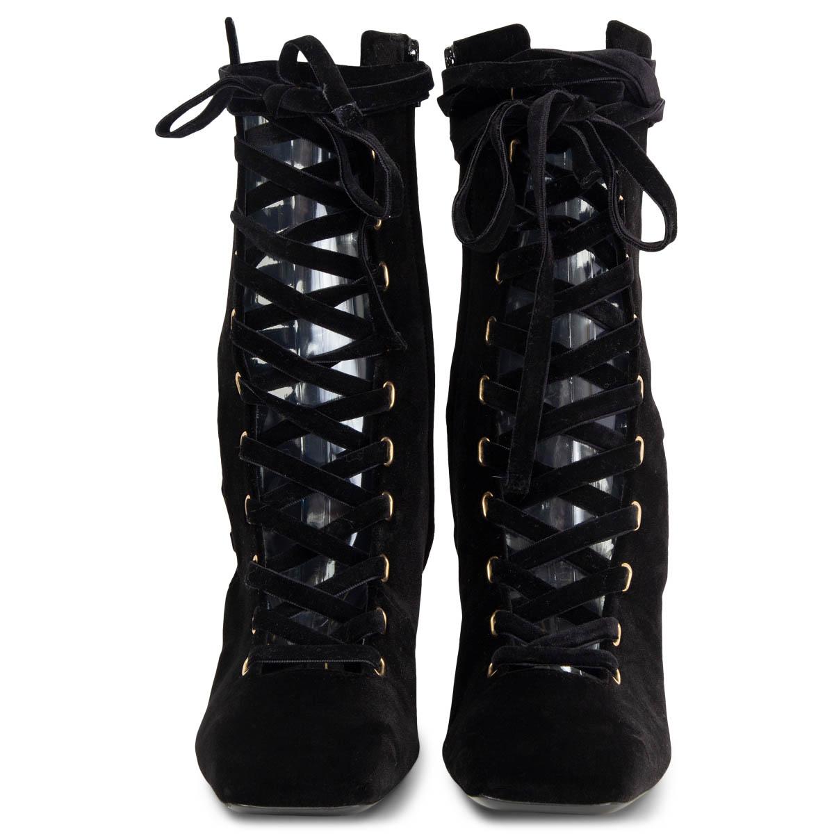 100% authentic Zimmermann lace-up ankle-boots in black plush black velvet with a square-toe design and lace-up sides featuring a square block-heel. The inner side zipper makes them easy to slip on and off. Brand new. 

Measurements
Imprinted