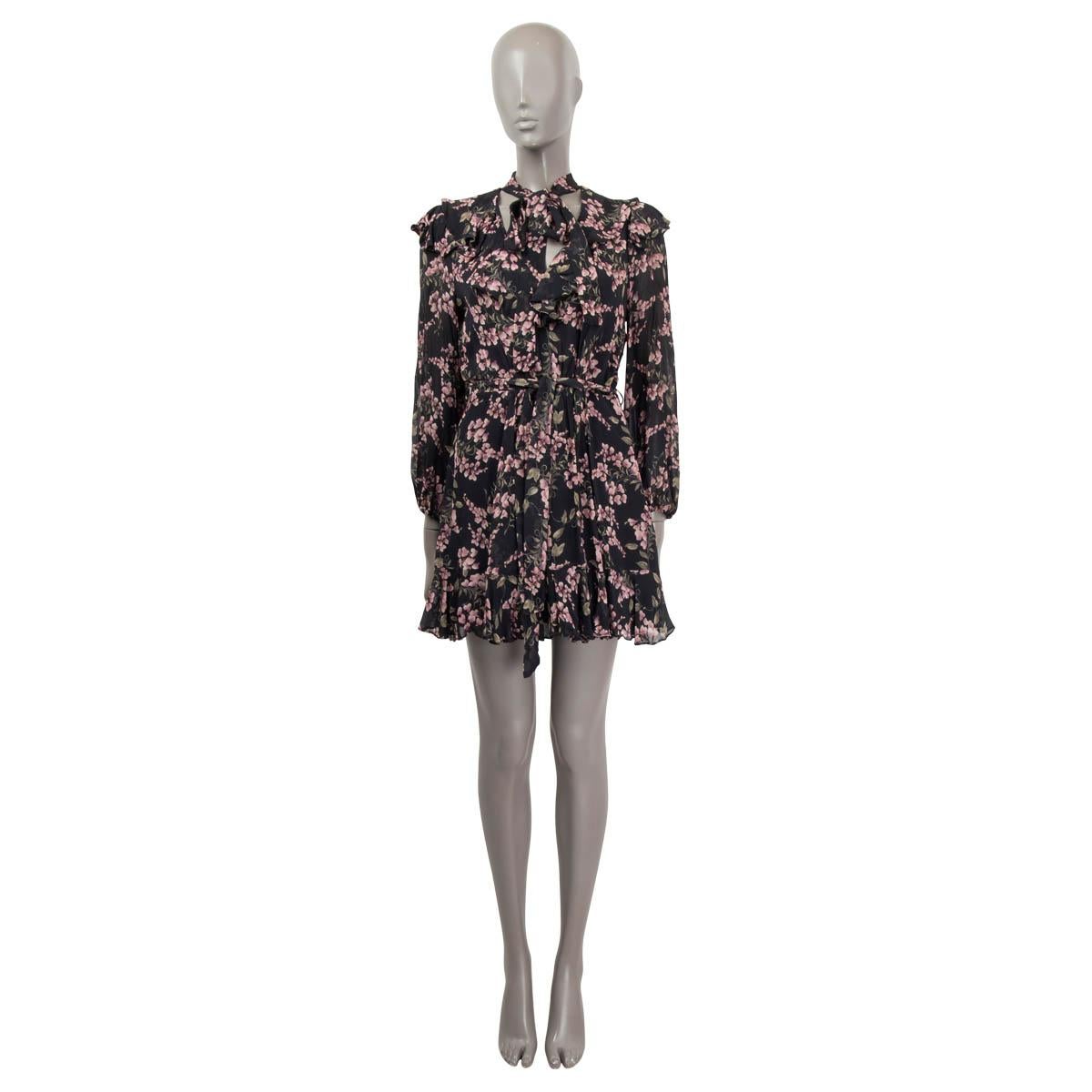 100% authentic Zimmermann belted long sleeve floral print mini dress in black, dusty pink, brown and olive green viscose (100%). The design features a v-neck with ruched details. Opens with a zipper and buttons on the side to a black viscose lining.