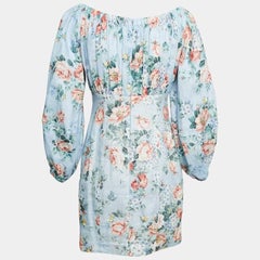 Zimmermann Blue Floral Print Linen Bowie Off-Shoulder Mini Dress XS