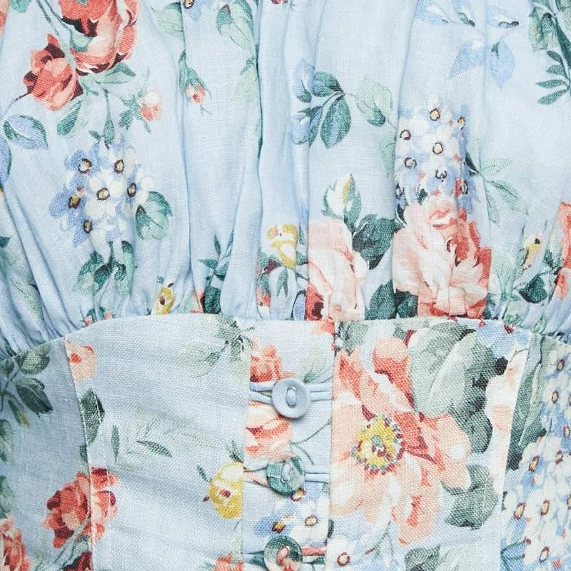 Gray Zimmermann Blue Floral Print Linen Bowie Off-Shoulder Mini Dress XS For Sale