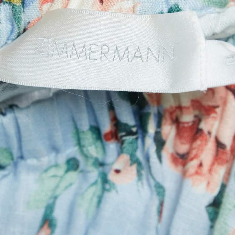 Zimmermann Blue Floral Print Linen Bowie Off-Shoulder Mini Dress XS In Good Condition For Sale In Dubai, Al Qouz 2