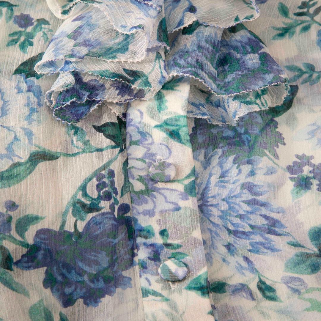 Gray Zimmermann Blue Floral Silk Ruffle Trim Sheer Top Size S For Sale