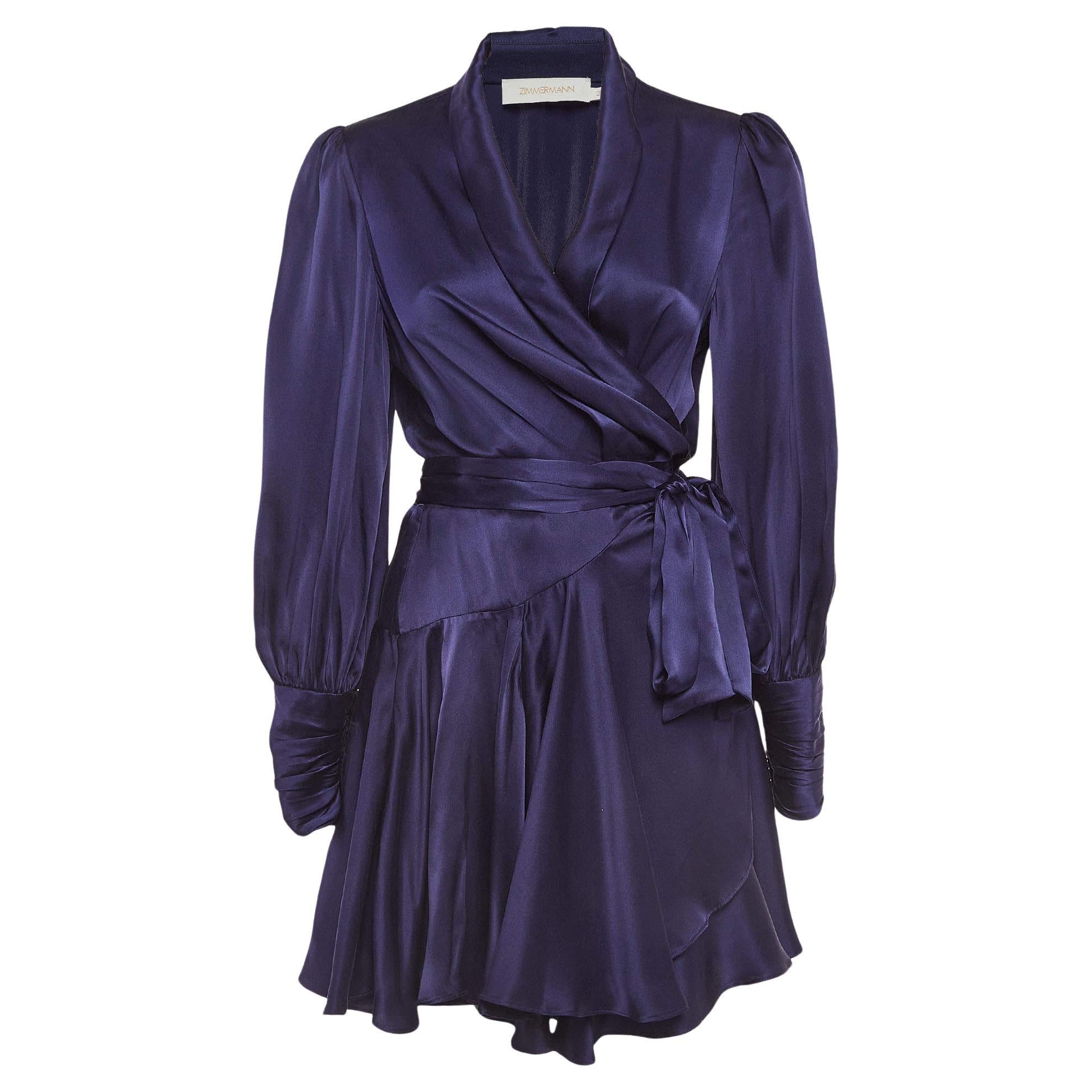Zimmermann - Mini robe portefeuille à manches blouson en satin de soie bleu M en vente
