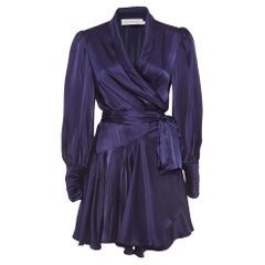 Zimmermann - Mini robe portefeuille à manches blouson en satin de soie bleu M