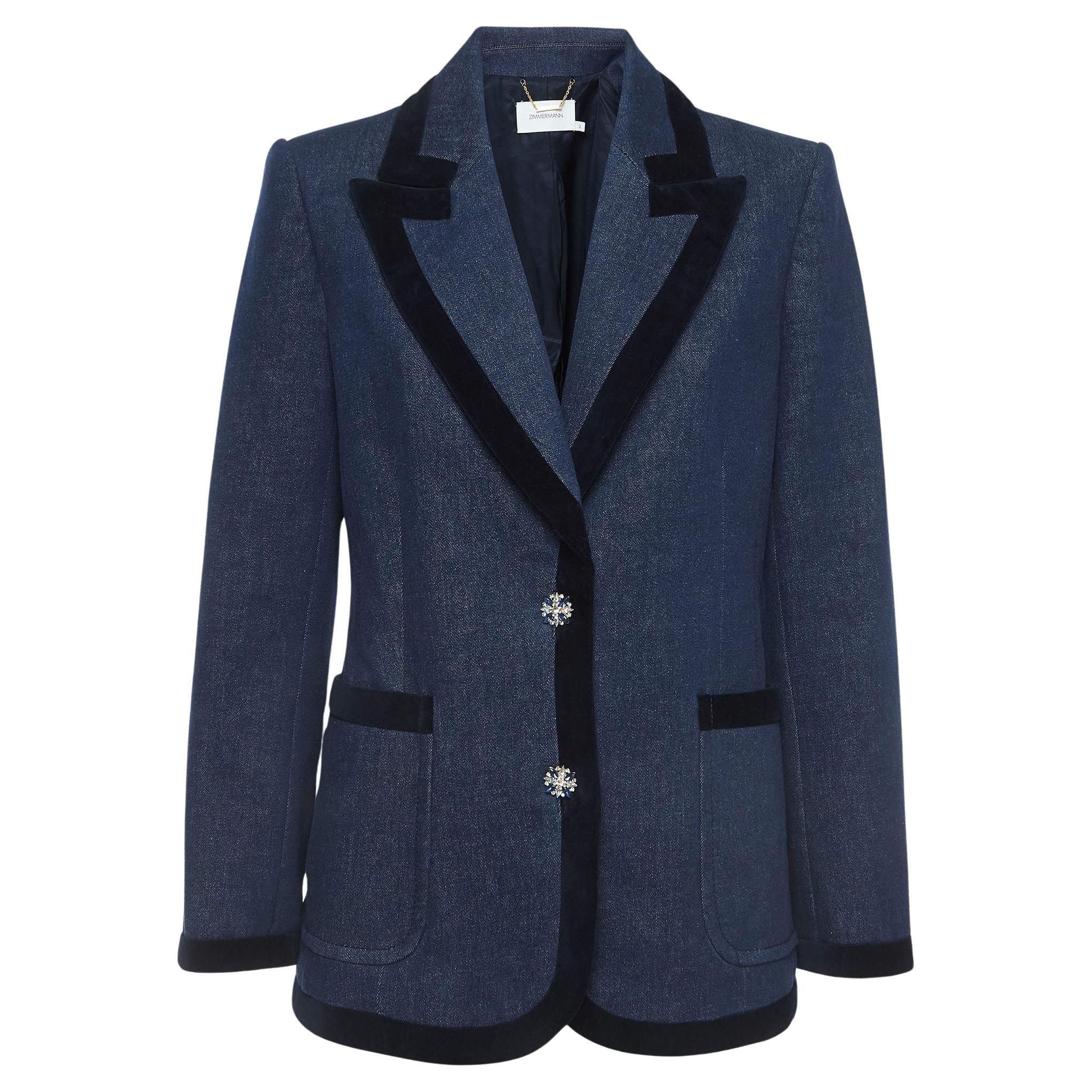 Zimmermann Blue Velvet Trim Denim Single Breasted Blazer M