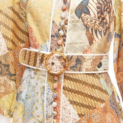 ZIMMERMANN Brightside brown linen patchwork ethnic print belted dress US1 S
