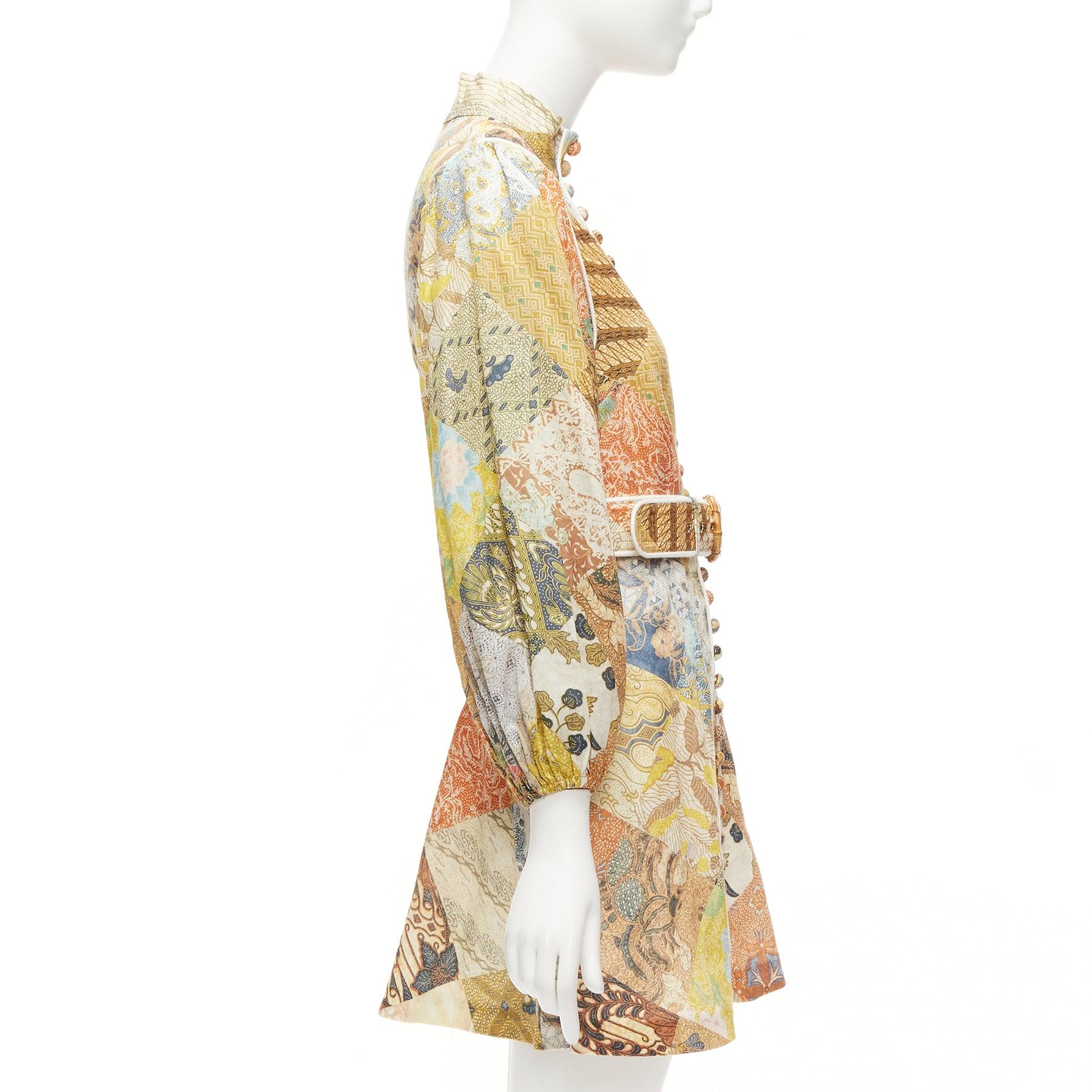 ZIMMERMANN Brightside brown linen patchwork ethnic print belted dress US1 S In Excellent Condition For Sale In Hong Kong, NT