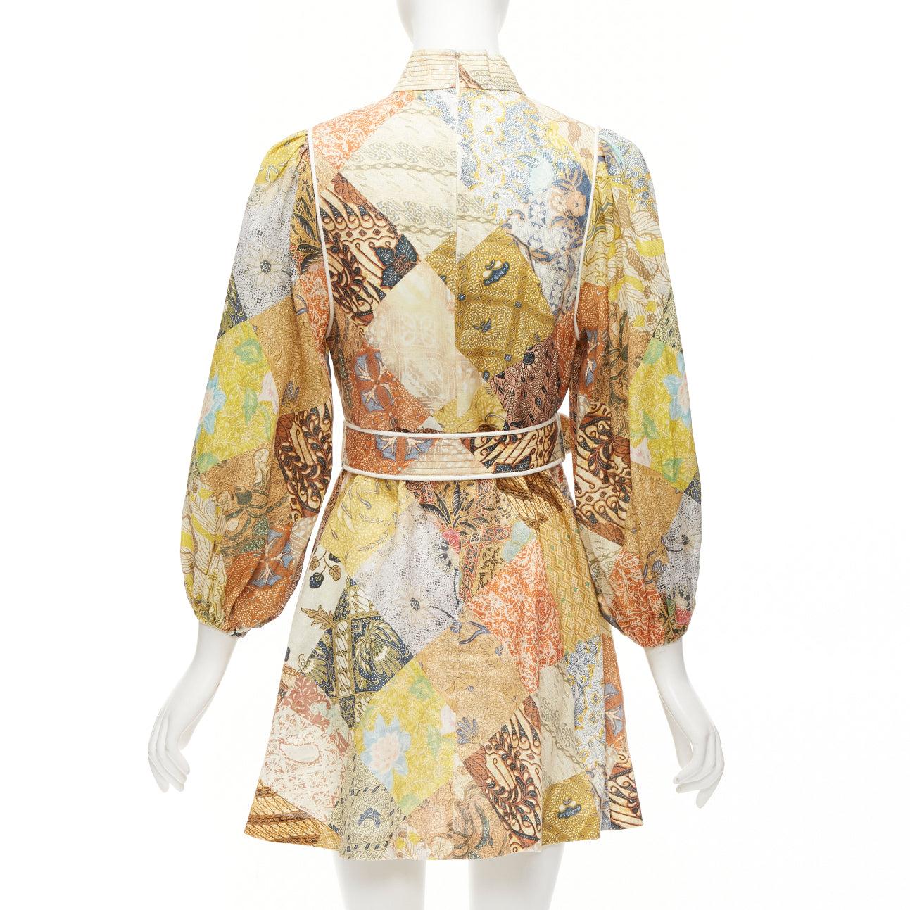 Women's ZIMMERMANN Brightside brown linen patchwork ethnic print belted dress US1 S For Sale