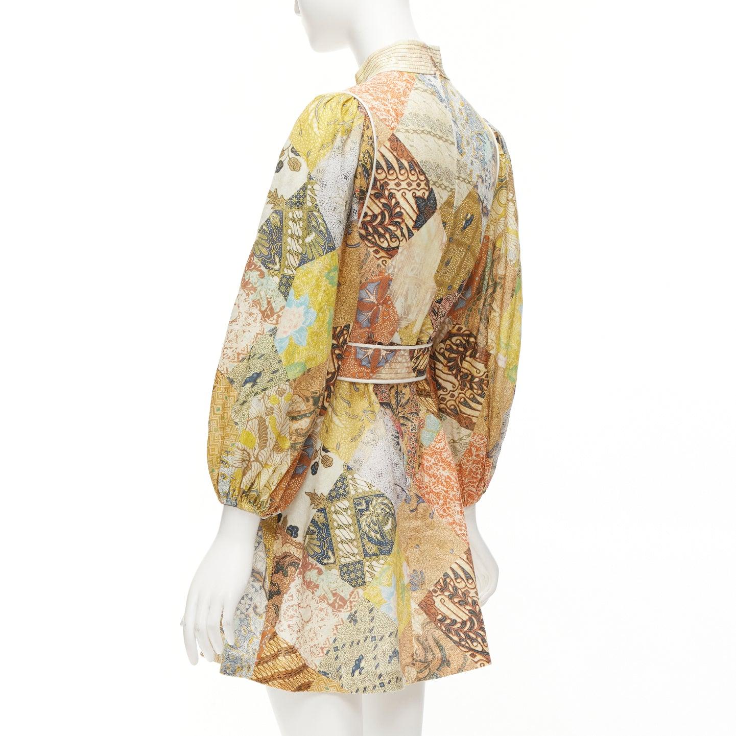 ZIMMERMANN Brightside brown linen patchwork ethnic print belted dress US1 S For Sale 1